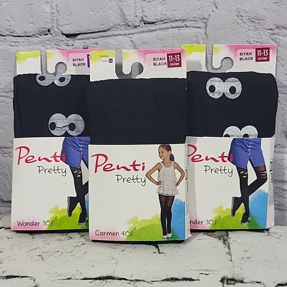 Penti Pretty Girls Tights Black Halloween Eyeballs Lot Of 3 Pairs Size 11-13Yrs